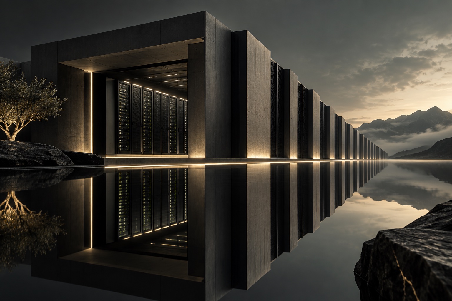 A monumental data center reflected in a dark still surface.