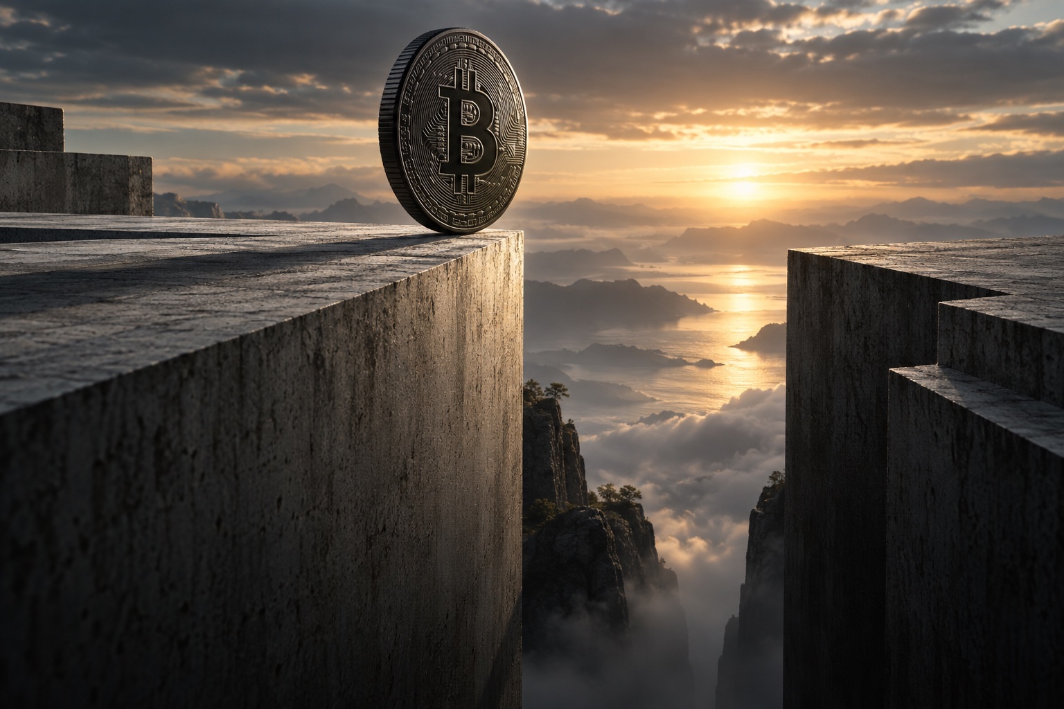 A Bitcoin medallion at the edge of a monumental stone platform.