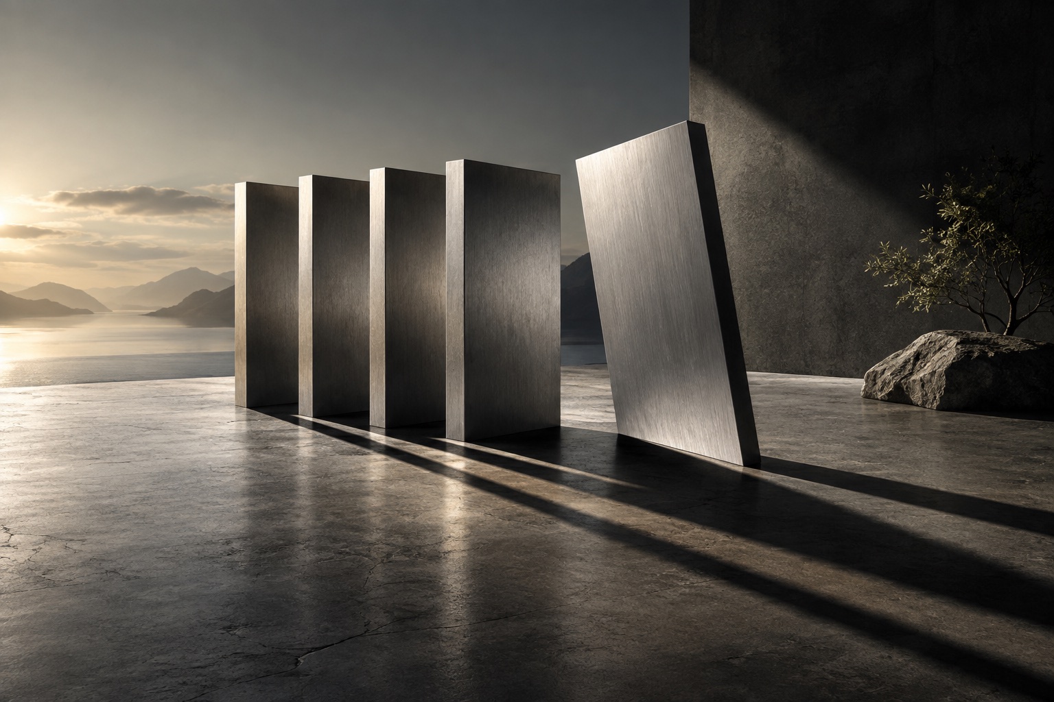 One tilted metal slab breaking the rhythm of an orderly row.