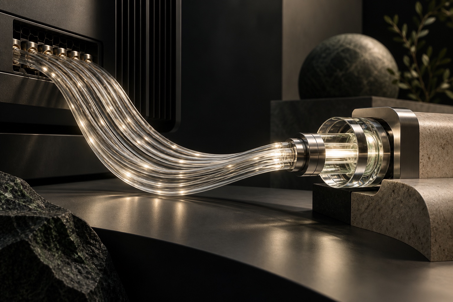Illuminated fiber strands connecting a server to a glass optical engine.