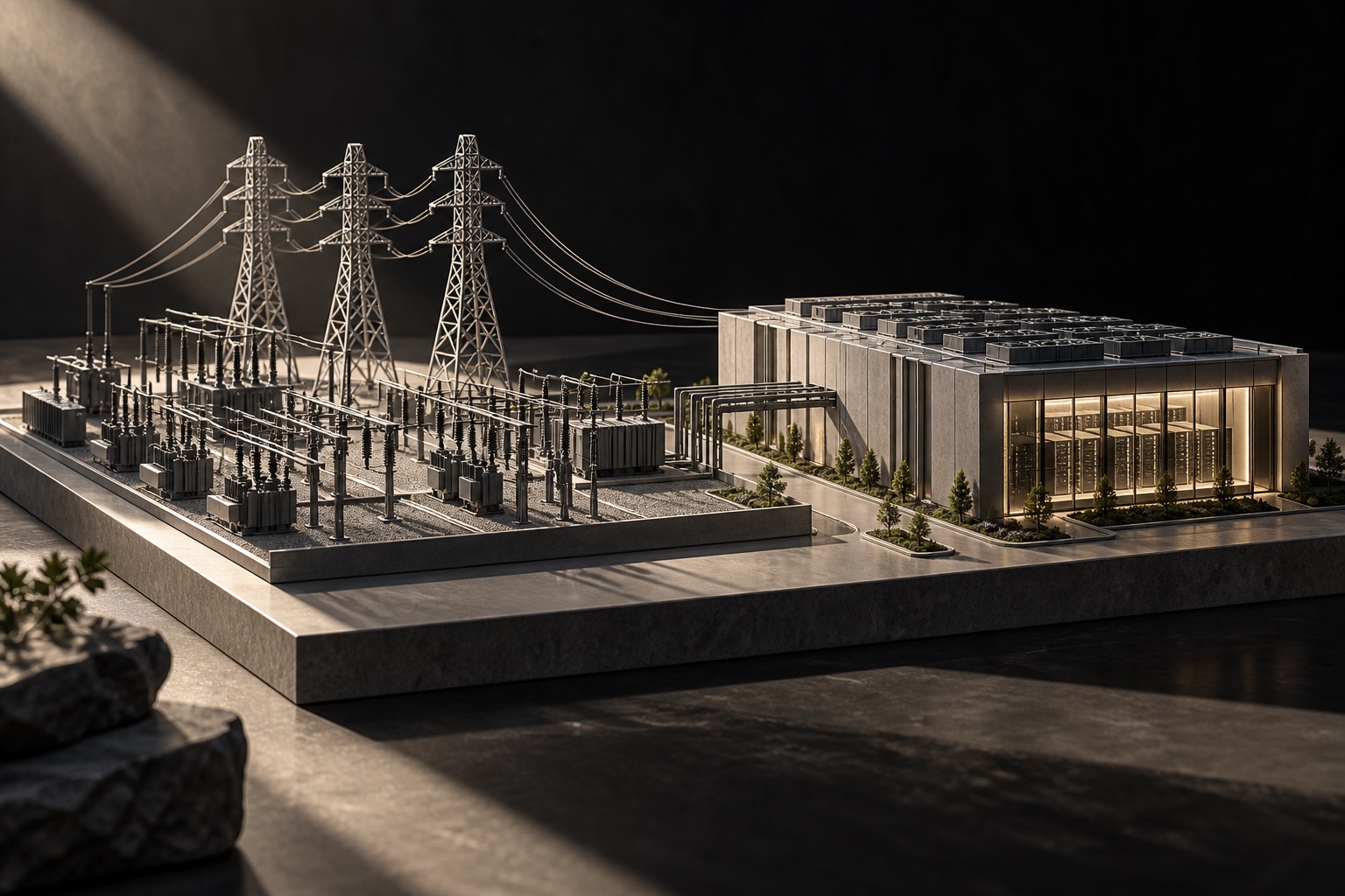 An architectural model of a substation supplying a data center.