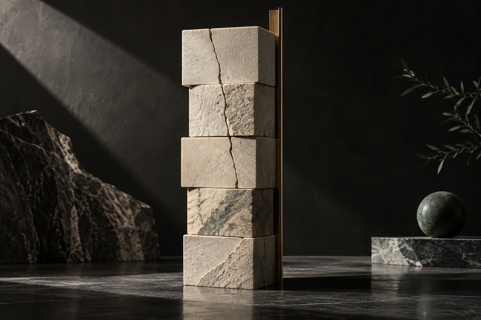 A stack of stone blocks with a visible crack and a metal support.