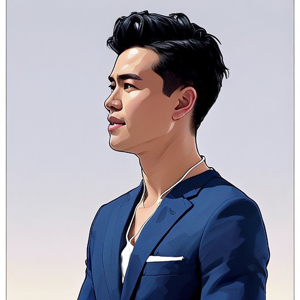 A monochrome illustrated portrait of Ted Kang in profile